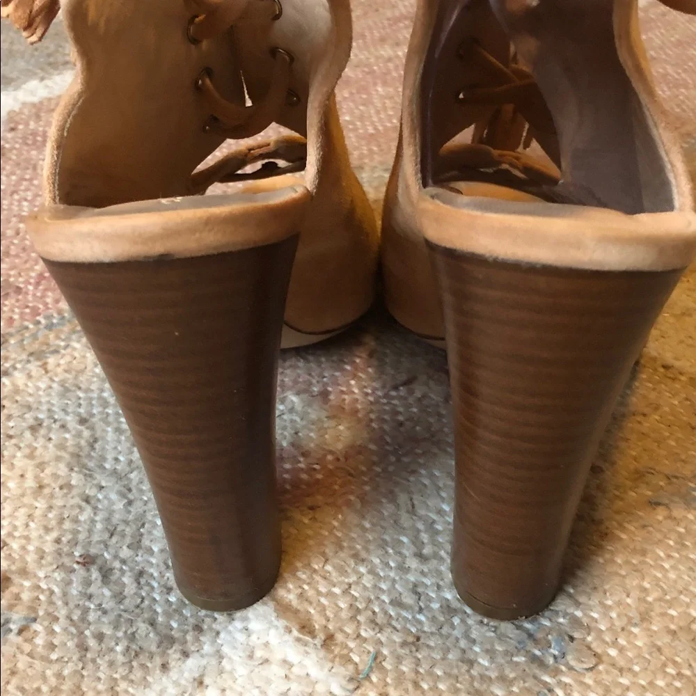 Club Monaco Mireva Suede Lace-up Open Toe Block Heel Sandals Tan Sz. 40